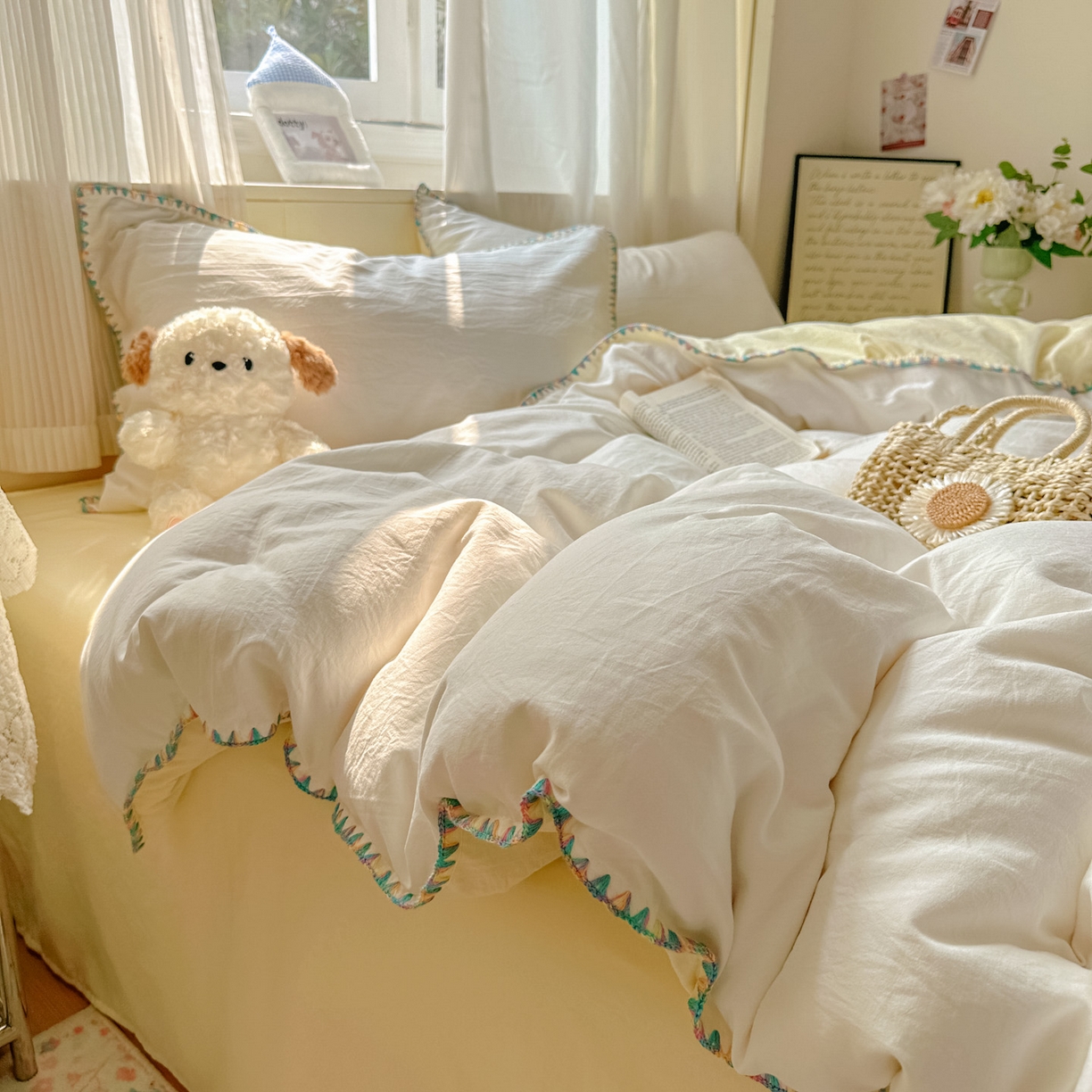 91家纺网 家纺一手货源 找家纺 冕悠家纺 2025新款A类七彩贝壳边水洗棉四件套 七彩-芝士奶白