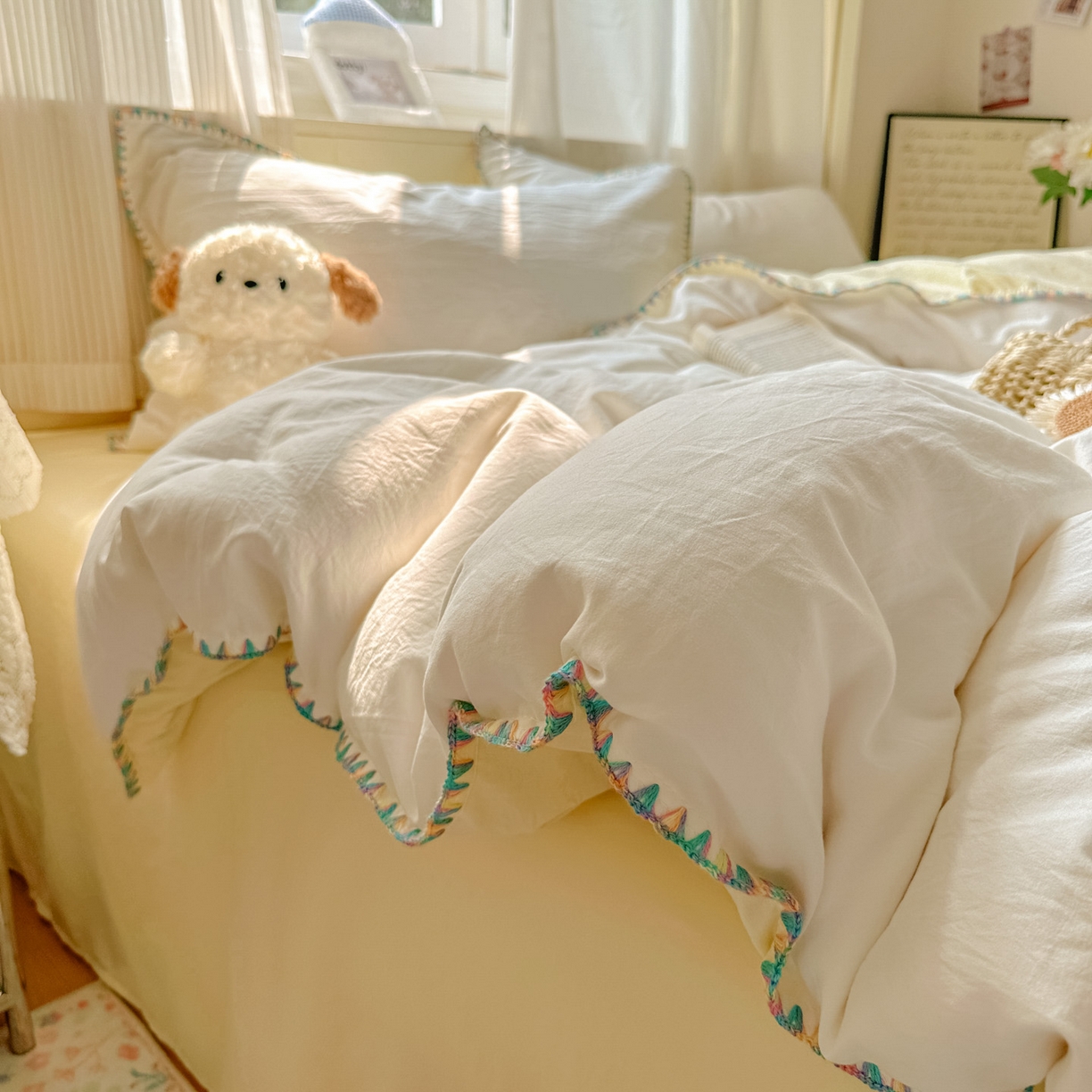 91家纺网 家纺一手货源 找家纺 冕悠家纺 2025新款A类七彩贝壳边水洗棉四件套 七彩-芝士奶白