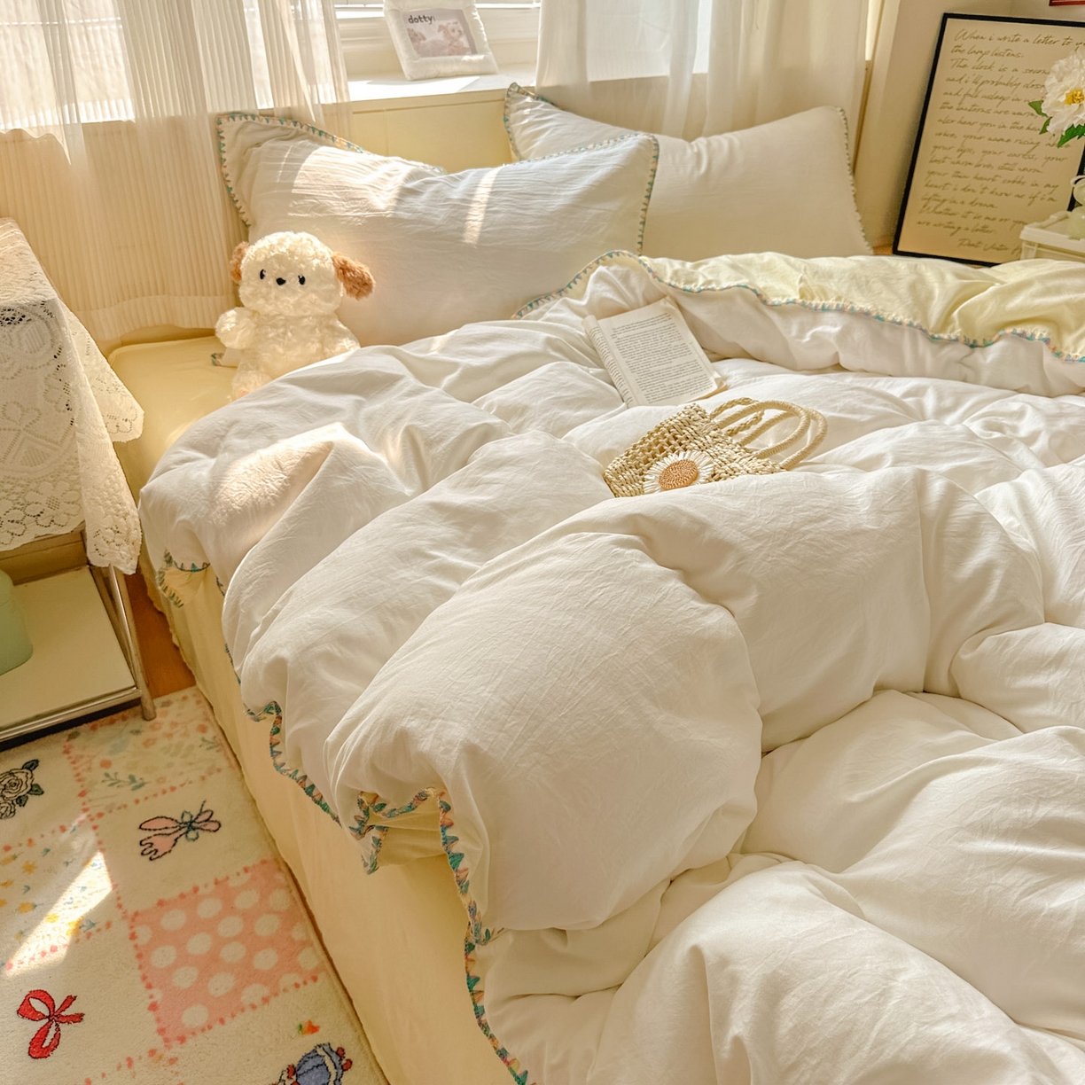 91家纺网 家纺一手货源 找家纺 冕悠家纺 2025新款A类七彩贝壳边水洗棉四件套 七彩-芝士奶白