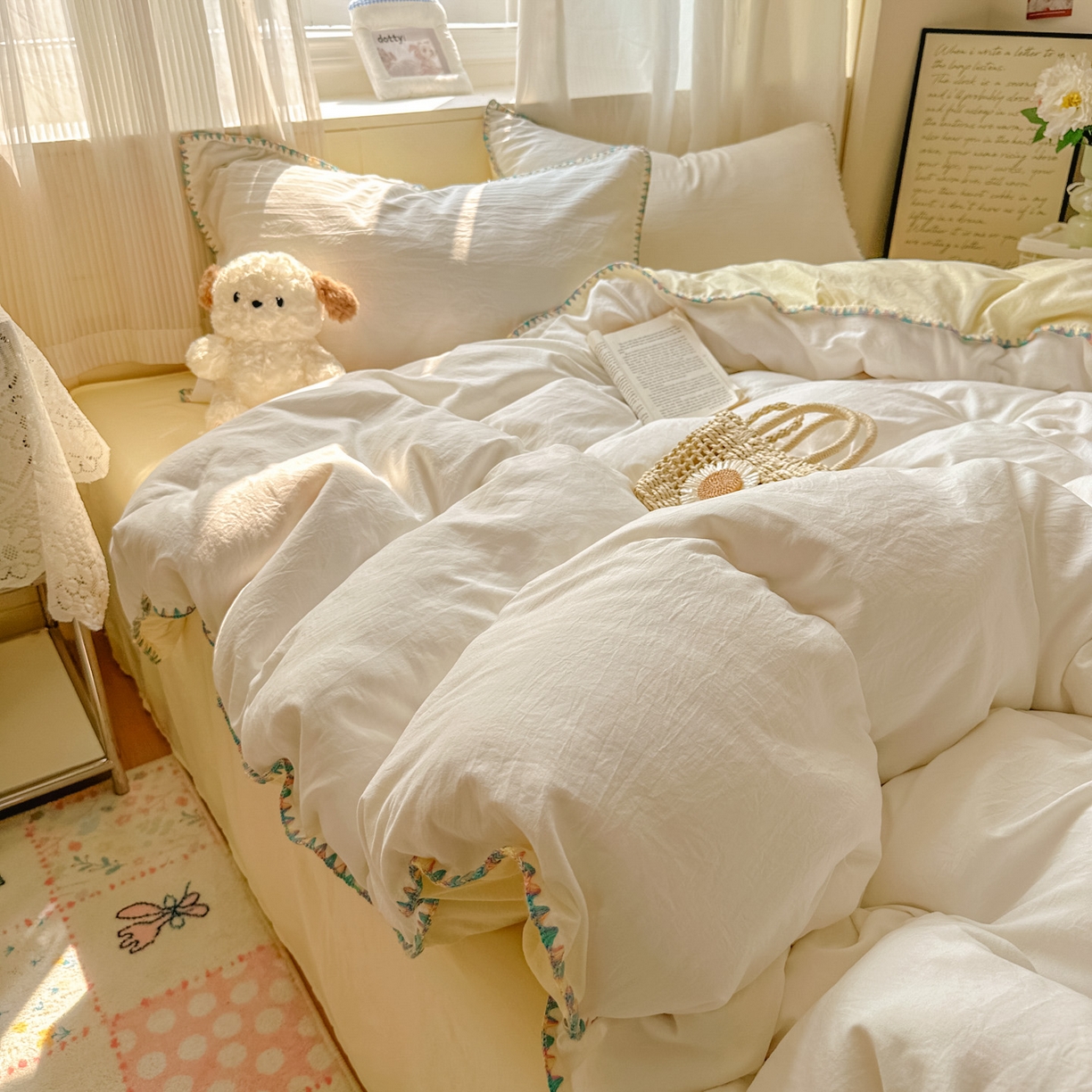 91家纺网 家纺一手货源 找家纺 冕悠家纺 2025新款A类七彩贝壳边水洗棉四件套 七彩-芝士奶白