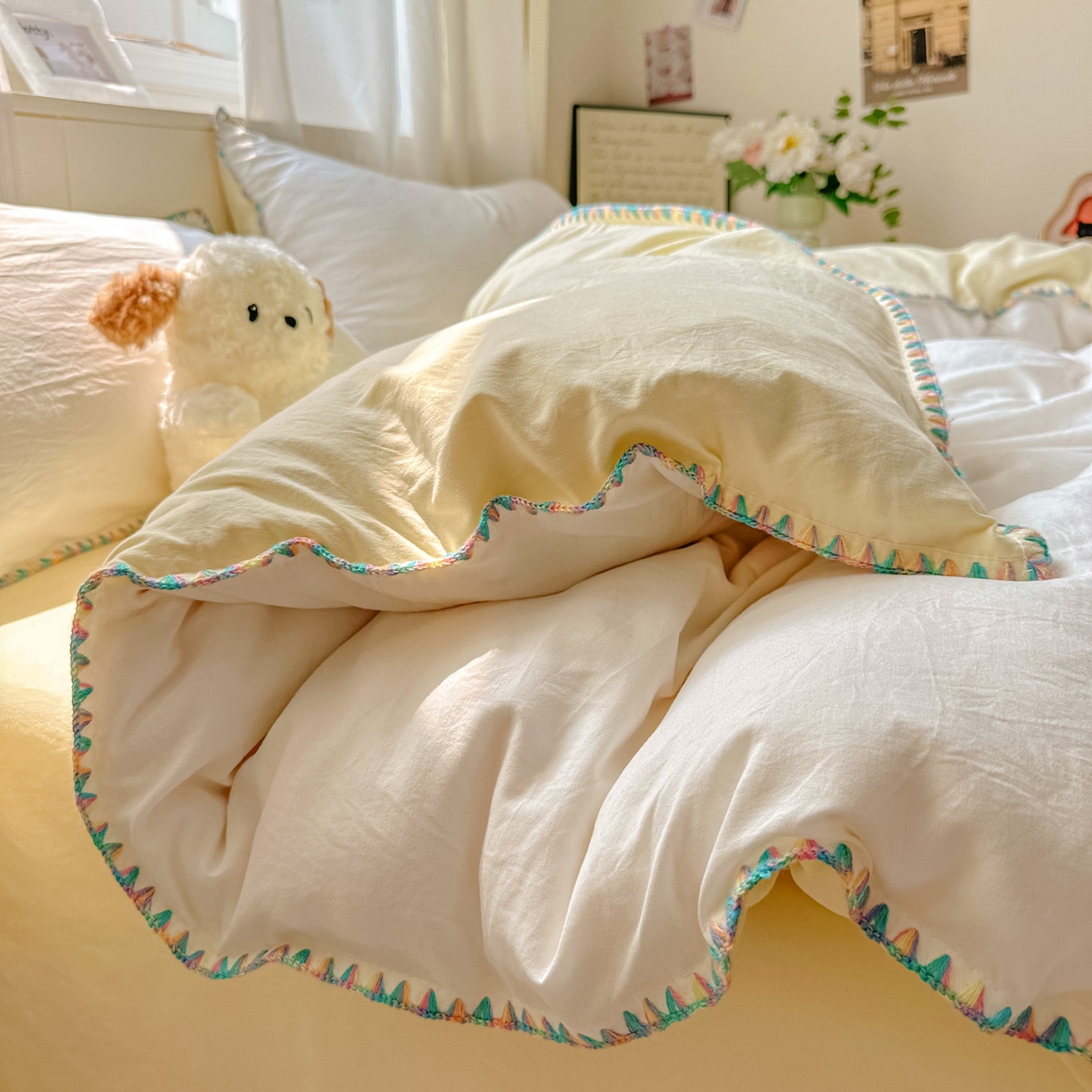 91家纺网 家纺一手货源 找家纺 冕悠家纺 2025新款A类七彩贝壳边水洗棉四件套 七彩-芝士奶白