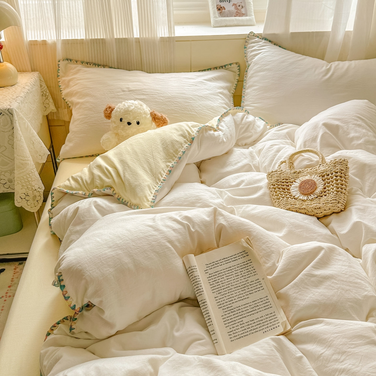 91家纺网 家纺一手货源 找家纺 冕悠家纺 2025新款A类七彩贝壳边水洗棉四件套 七彩-芝士奶白