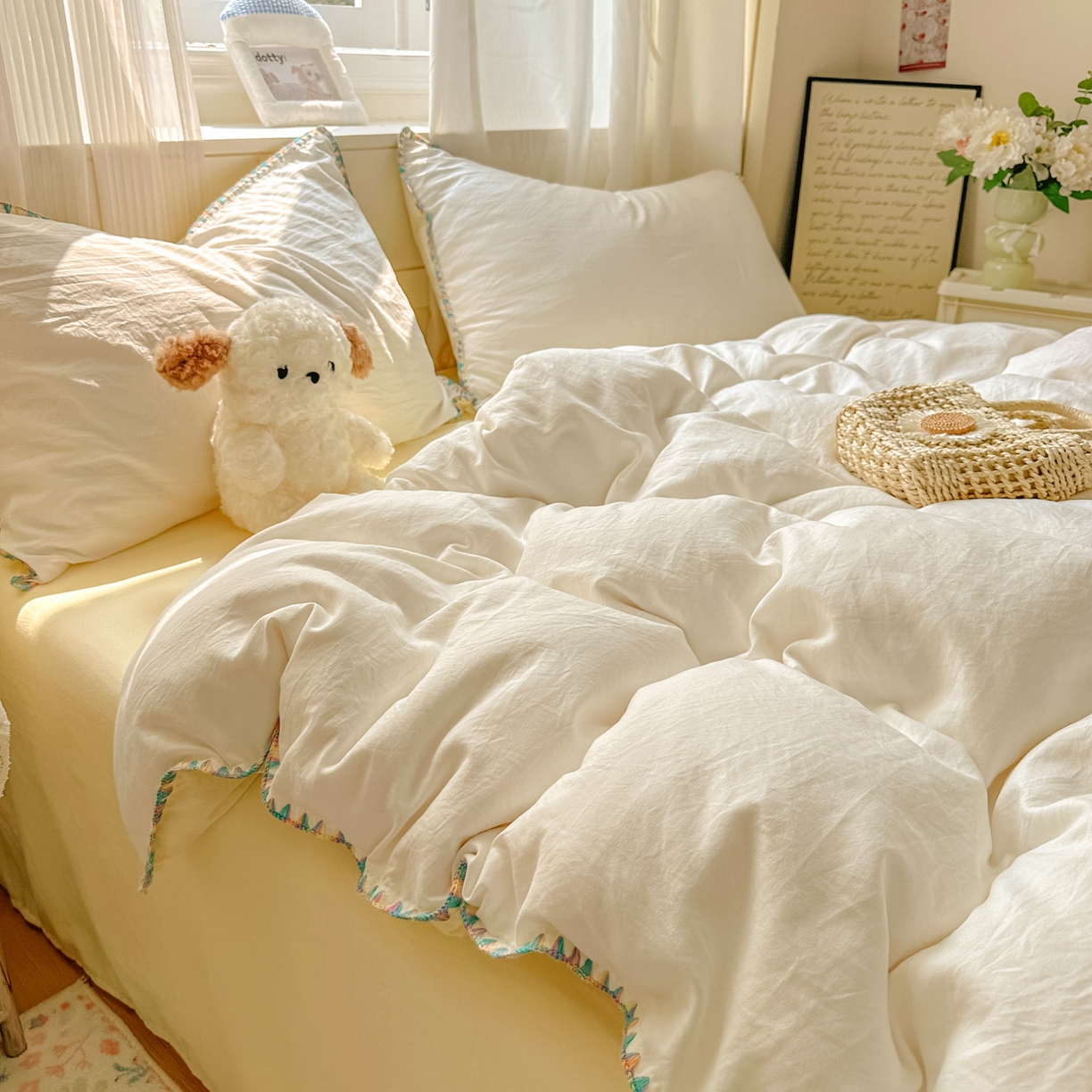 91家纺网 家纺一手货源 找家纺 冕悠家纺 2025新款A类七彩贝壳边水洗棉四件套 七彩-芝士奶白