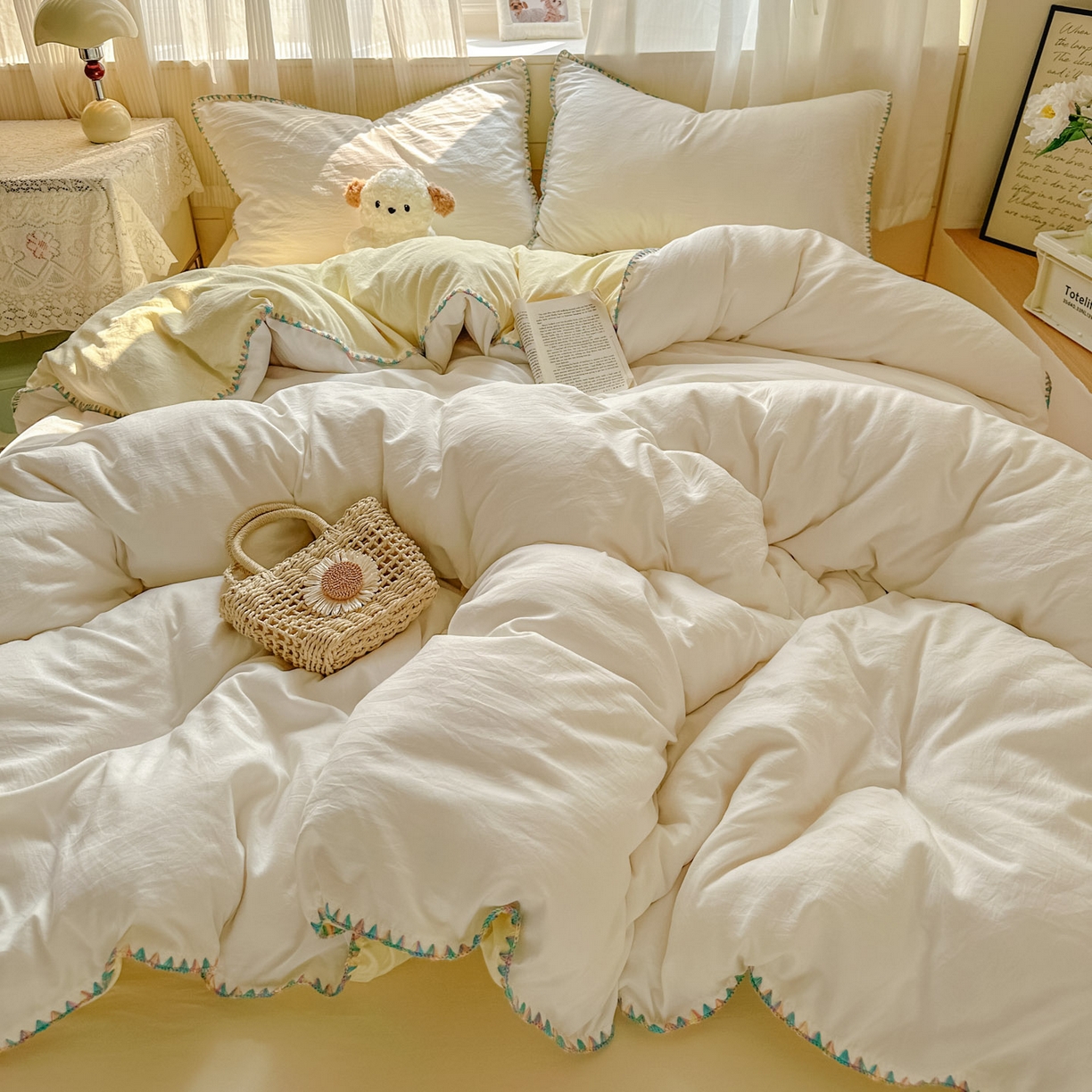 91家纺网 家纺一手货源 找家纺 冕悠家纺 2025新款A类七彩贝壳边水洗棉四件套 七彩-芝士奶白