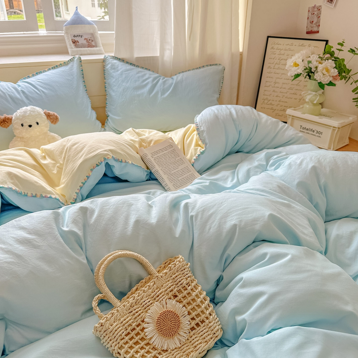 91家纺网 家纺一手货源 找家纺 冕悠家纺 2025新款A类七彩贝壳边水洗棉四件套 七彩-芝士云水蓝