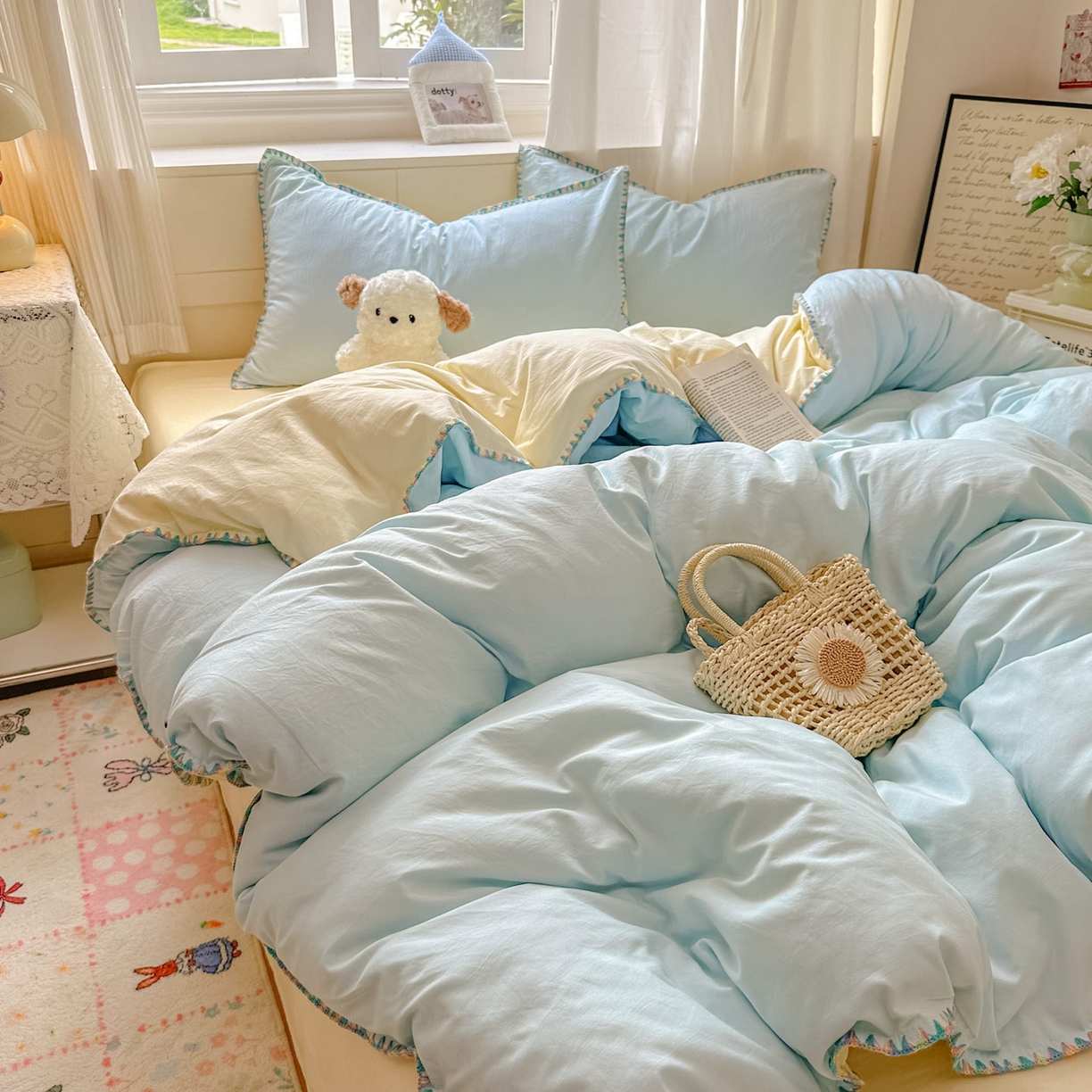 91家纺网 家纺一手货源 找家纺 冕悠家纺 2025新款A类七彩贝壳边水洗棉四件套 七彩-芝士云水蓝