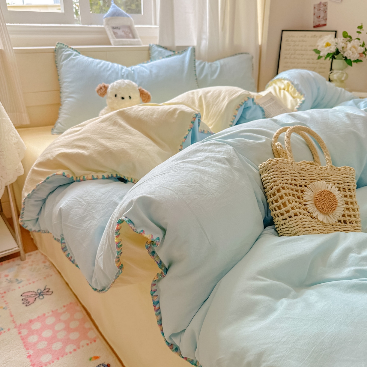 91家纺网 家纺一手货源 找家纺 冕悠家纺 2025新款A类七彩贝壳边水洗棉四件套 七彩-芝士云水蓝