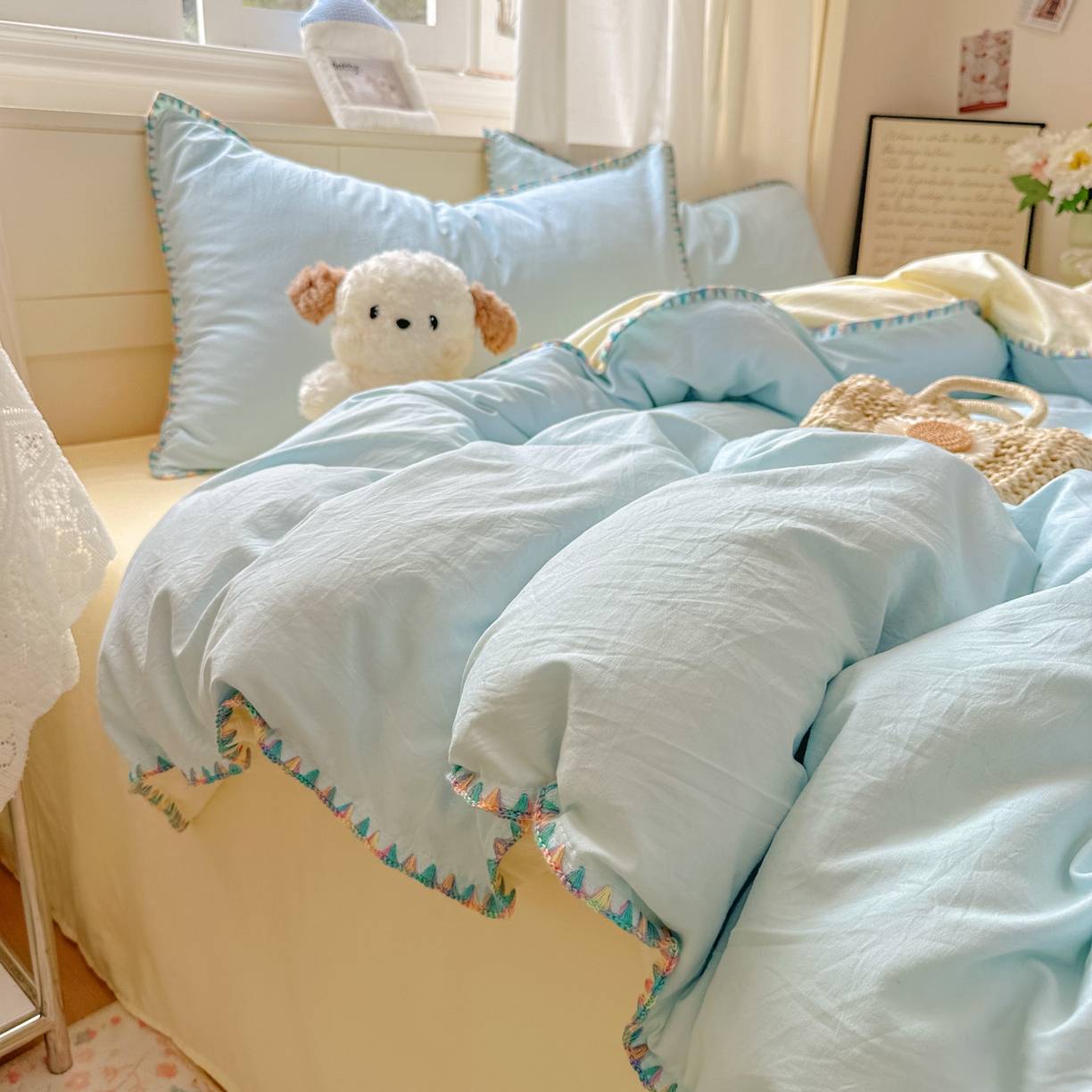 91家纺网 家纺一手货源 找家纺 冕悠家纺 2025新款A类七彩贝壳边水洗棉四件套 七彩-芝士云水蓝