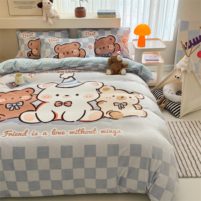 91家纺网 家纺一手货源 找家纺 茉保家纺 2025新款大板卡通加厚牛奶绒印花四件套 熊熊party