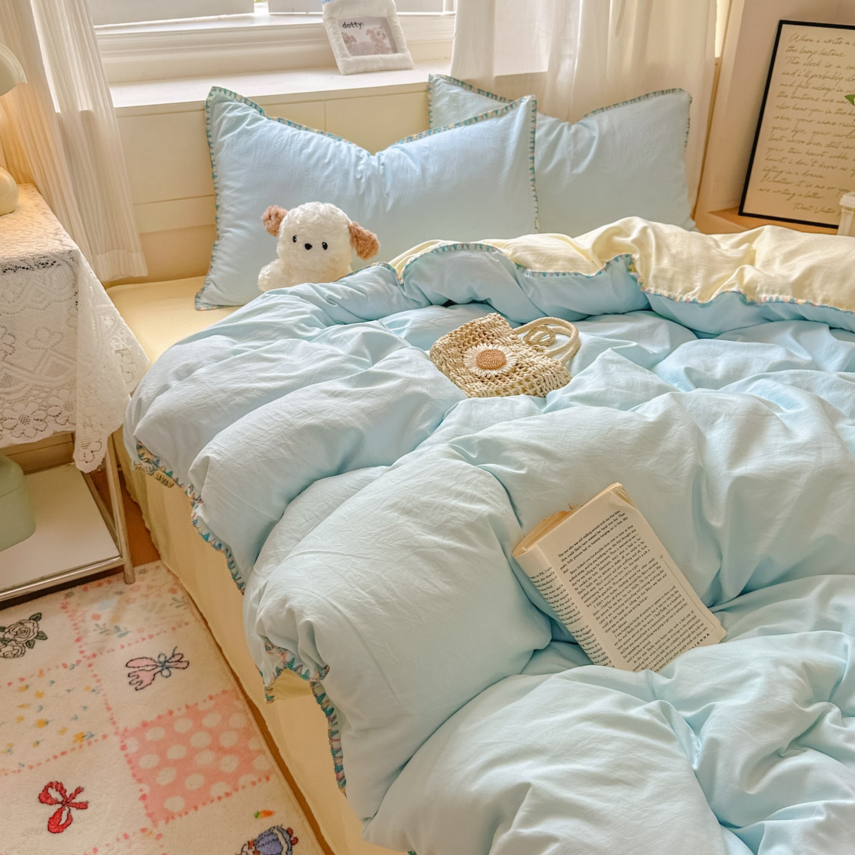 91家纺网 家纺一手货源 找家纺 冕悠家纺 2025新款A类七彩贝壳边水洗棉四件套 七彩-芝士云水蓝