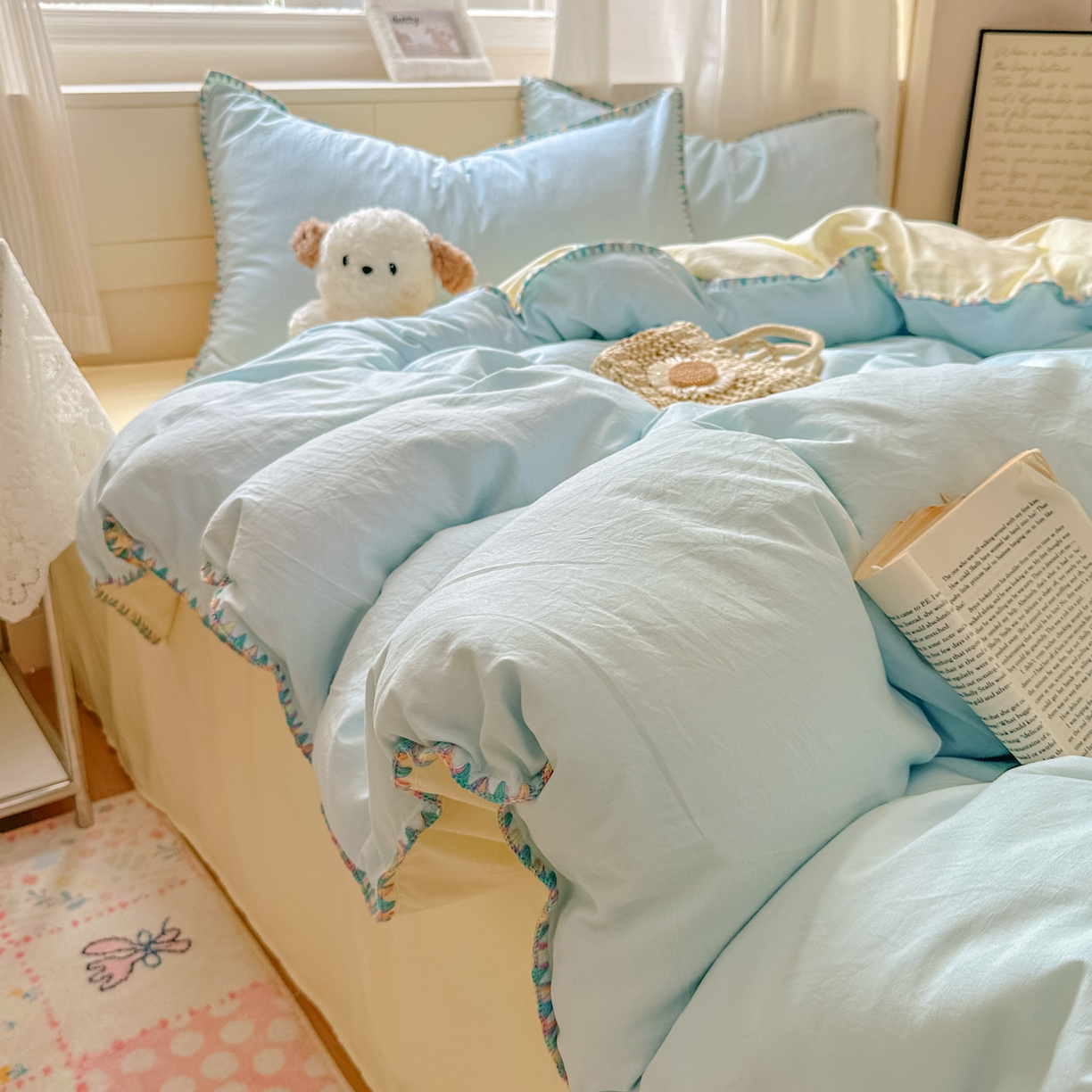 91家纺网 家纺一手货源 找家纺 冕悠家纺 2025新款A类七彩贝壳边水洗棉四件套 七彩-芝士云水蓝