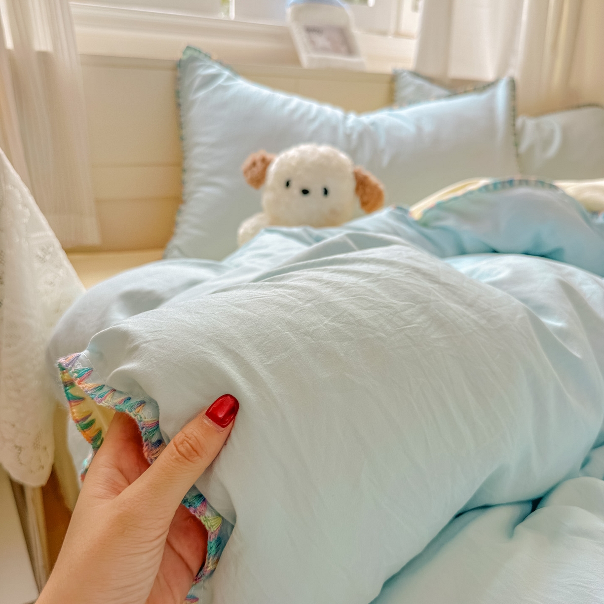 91家纺网 家纺一手货源 找家纺 冕悠家纺 2025新款A类七彩贝壳边水洗棉四件套 七彩-芝士云水蓝