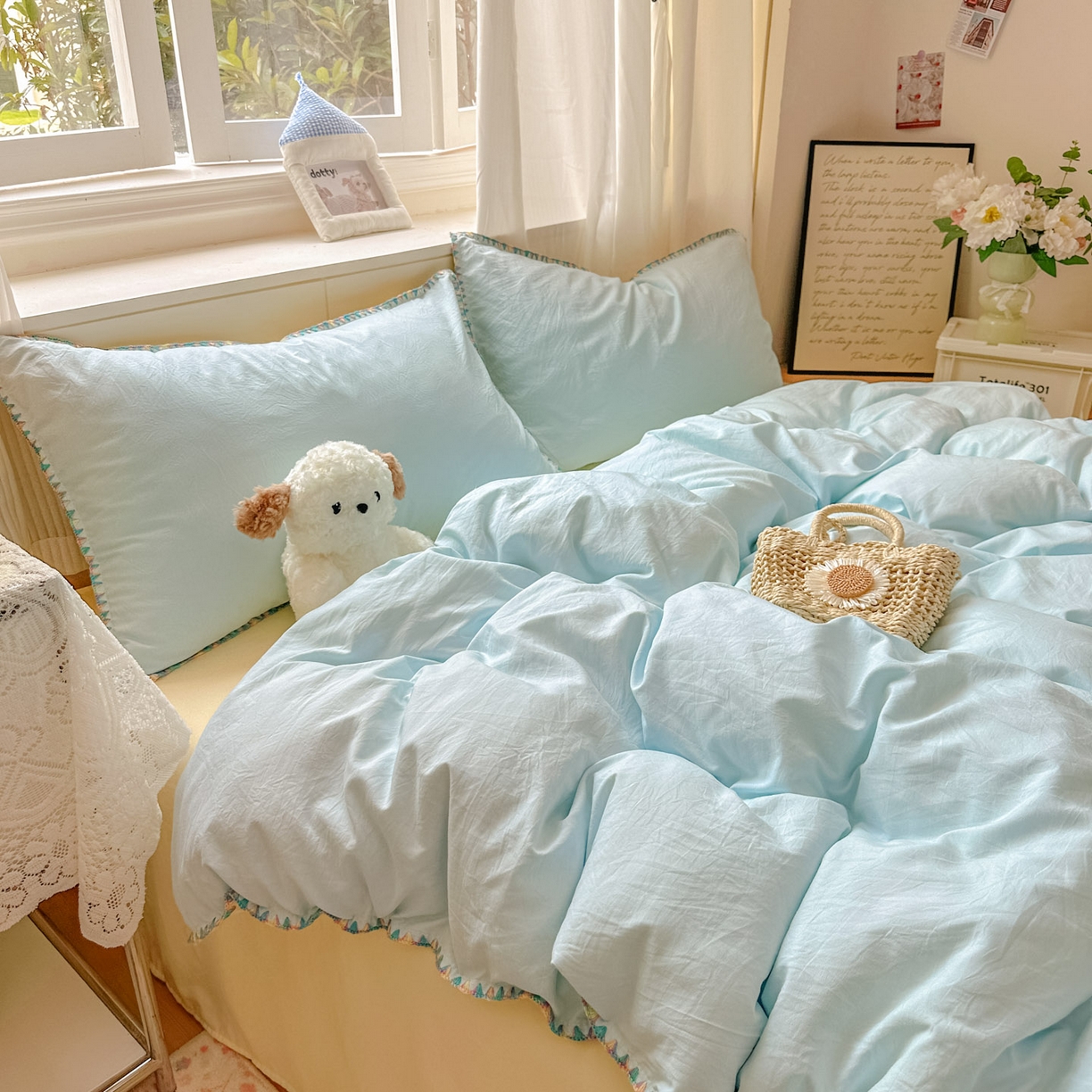 91家纺网 家纺一手货源 找家纺 冕悠家纺 2025新款A类七彩贝壳边水洗棉四件套 七彩-芝士云水蓝