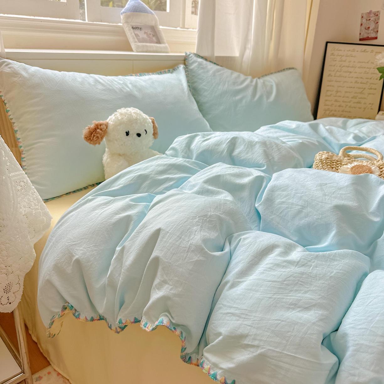 91家纺网 家纺一手货源 找家纺 冕悠家纺 2025新款A类七彩贝壳边水洗棉四件套 七彩-芝士云水蓝