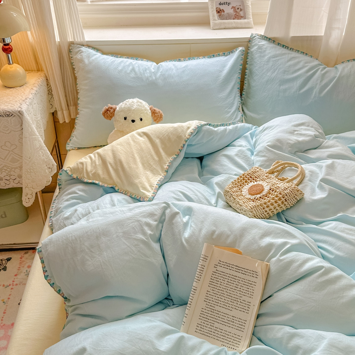 91家纺网 家纺一手货源 找家纺 冕悠家纺 2025新款A类七彩贝壳边水洗棉四件套 七彩-芝士云水蓝