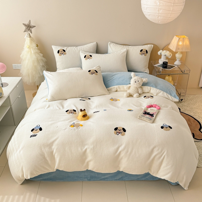 懒猫家纺 2025新款牛奶绒毛巾绣四件套 骨头小狗