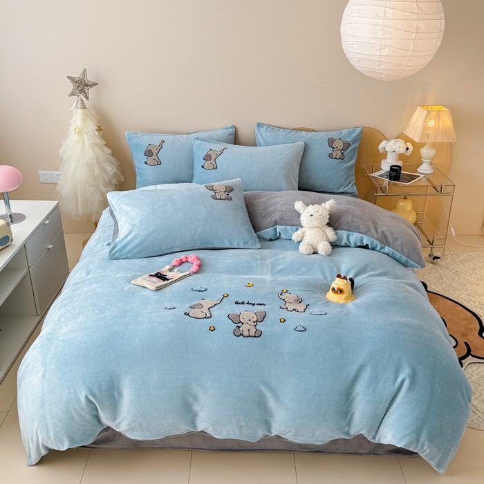 懒猫家纺 2025新款牛奶绒毛巾绣四件套 聚会小象