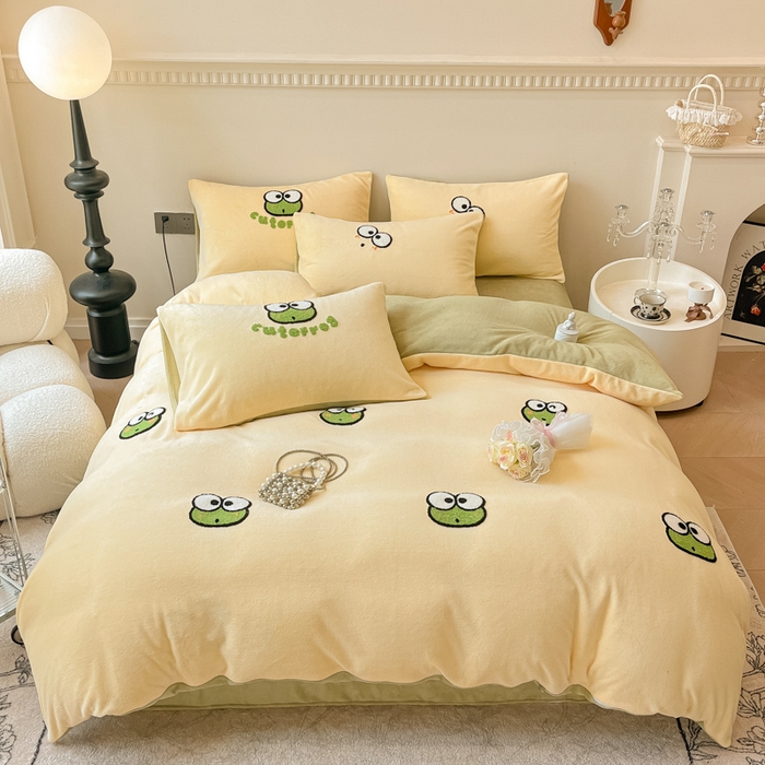 懒猫家纺 2025新款牛奶绒毛巾绣四件套 小青蛙