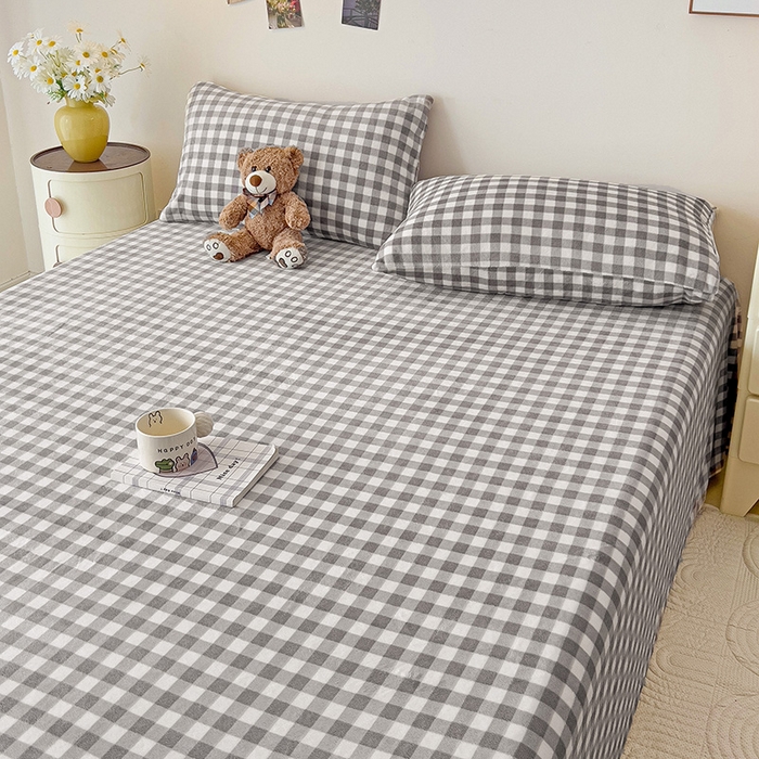 91家纺网 家纺一手货源 找家纺 芷凡家纺 2025新款A类牛奶绒纯色条纹格子床单 牛奶绒床单-灰格