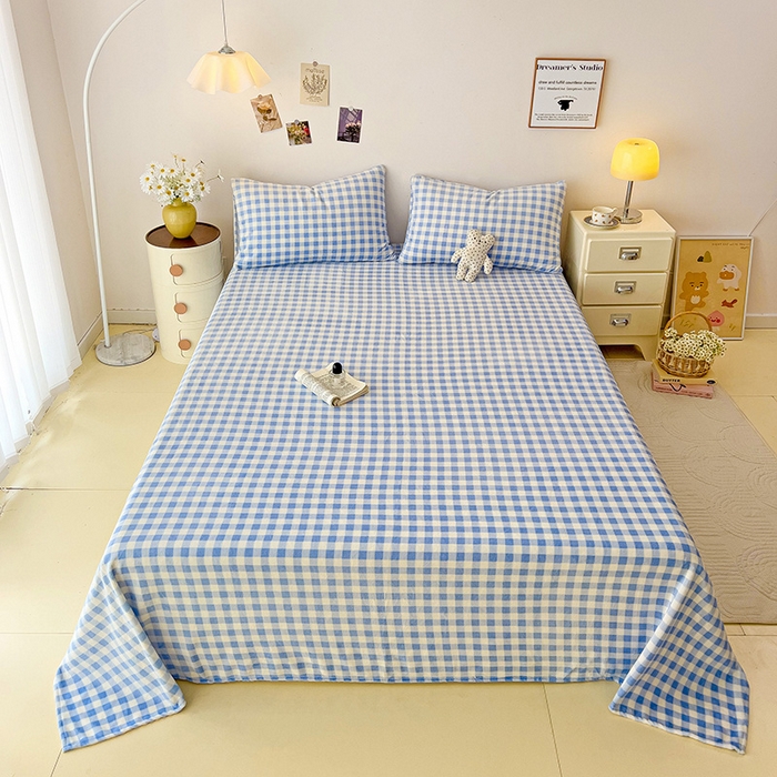 91家纺网 家纺一手货源 找家纺 芷凡家纺 2025新款A类牛奶绒纯色条纹格子床单 牛奶绒床单-蓝格