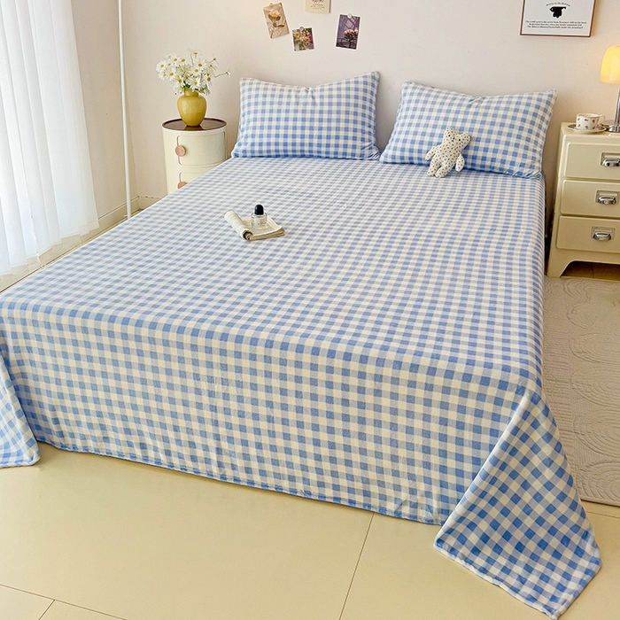 91家纺网 家纺一手货源 找家纺 芷凡家纺 2025新款A类牛奶绒纯色条纹格子床单 牛奶绒床单-蓝格