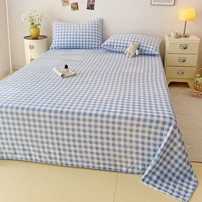 91家纺网 家纺一手货源 找家纺 芷凡家纺 2025新款A类牛奶绒纯色条纹格子床单 牛奶绒床单-蓝格