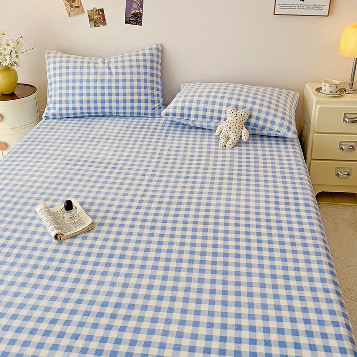 91家纺网 家纺一手货源 找家纺 芷凡家纺 2025新款A类牛奶绒纯色条纹格子床单 牛奶绒床单-蓝格