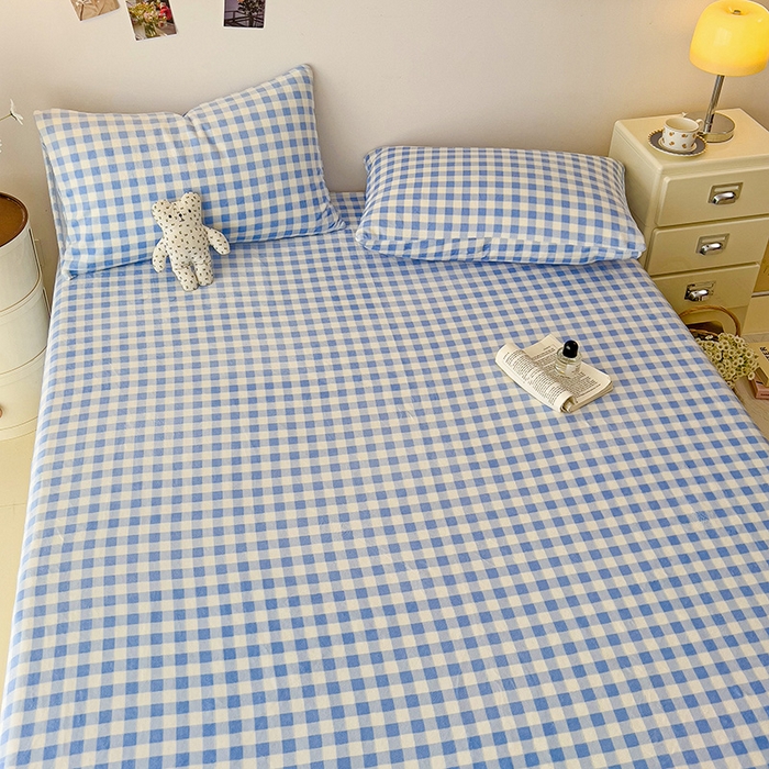 91家纺网 家纺一手货源 找家纺 芷凡家纺 2025新款A类牛奶绒纯色条纹格子床单 牛奶绒床单-蓝格