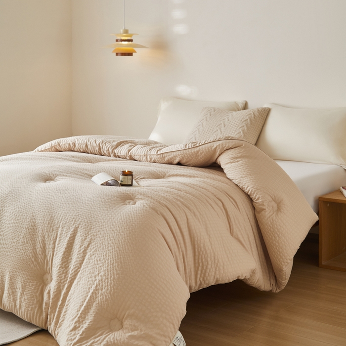 91家纺网 家纺一手货源 找家纺 大彩家居 2025新款A类亲肤泡泡纱棉花被被子被芯 咖色