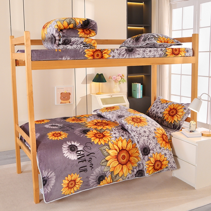 91家纺网 家纺一手货源 找家纺 雨洋家纺 2025新款学生季加厚保暖牛奶绒金貂绒婴儿宝宝学生三件套 向日葵-灰,向日葵-灰