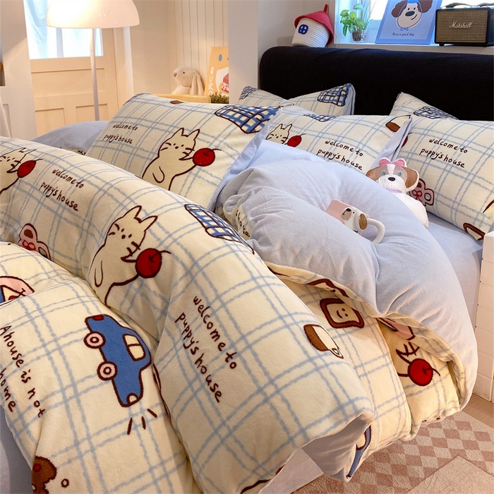 91家纺网 家纺一手货源 找家纺 （总）佰亿莱 2025直播新款印花小清新法莱绒牛奶绒四件套