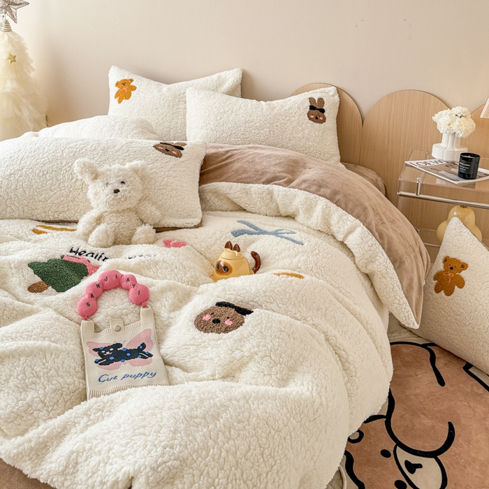 91家纺网 家纺一手货源 找家纺 懒猫家纺 2024新款羊羔绒刺绣四件套 奇妙兔