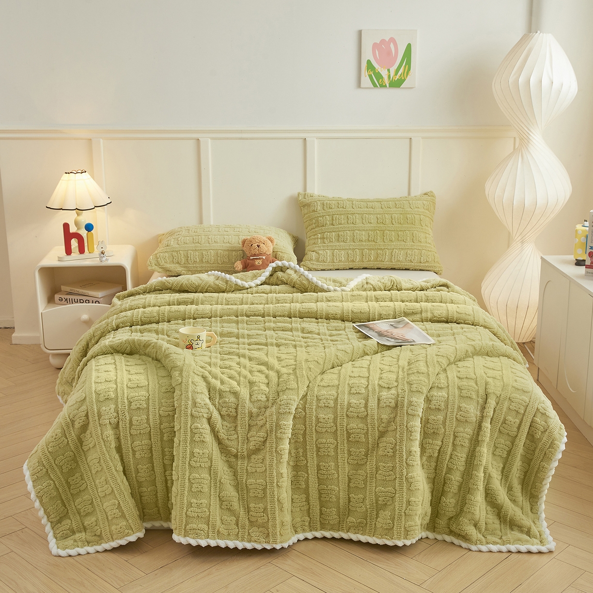 91家纺网 家纺一手货源 找家纺 世纪绒品 2025新款A类立体牛奶绒雕花绒单层毛毯毯子-多宝熊 多宝熊 果绿