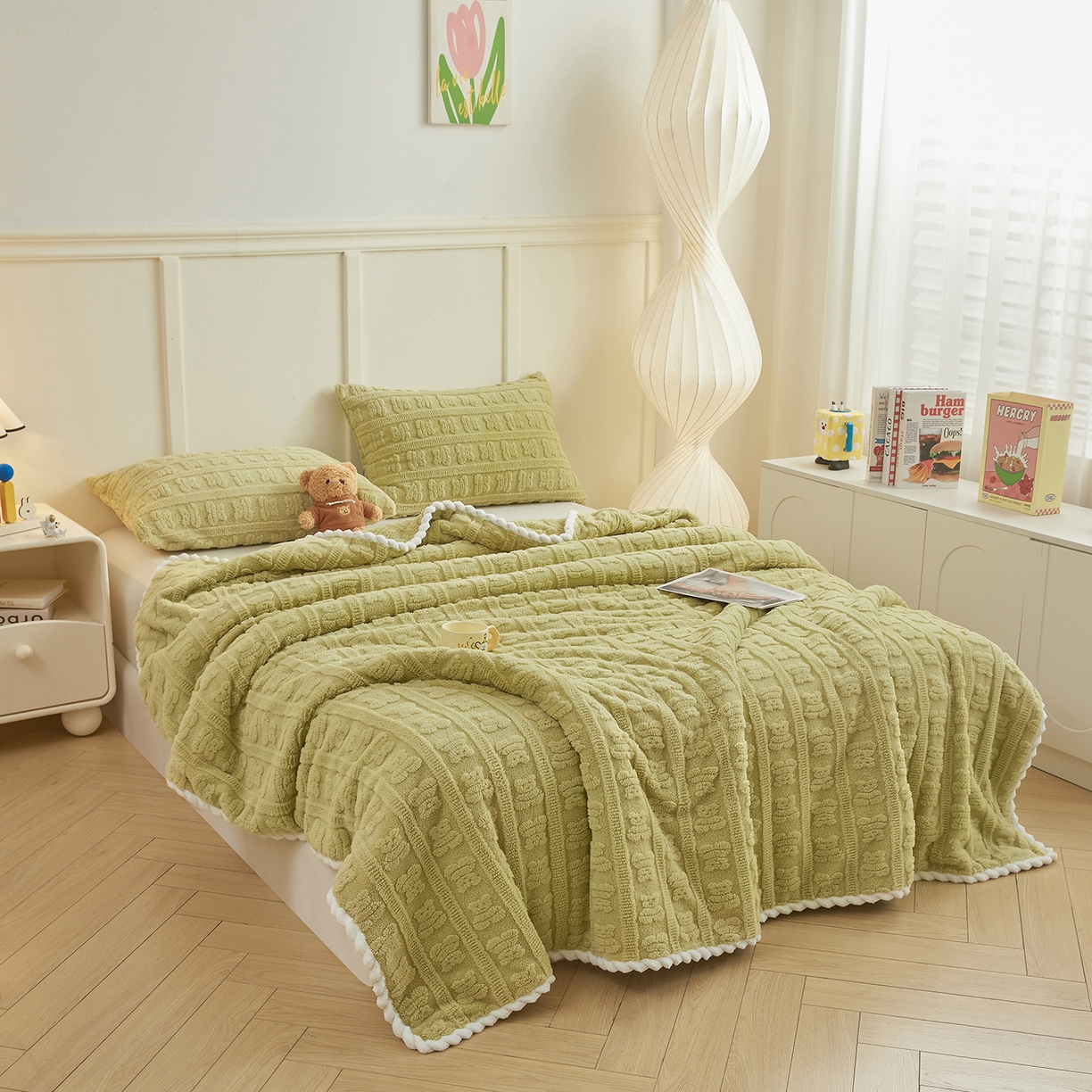 91家纺网 家纺一手货源 找家纺 世纪绒品 2025新款A类立体牛奶绒雕花绒单层毛毯毯子-多宝熊 多宝熊 果绿