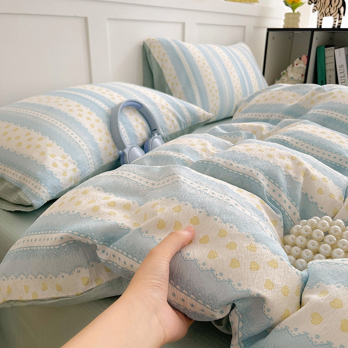 91家纺网 家纺一手货源 找家纺 王朝国际 2025新款爆款云感亚麻有氧双层纱皱皱双层纱四件套 海洋之心 