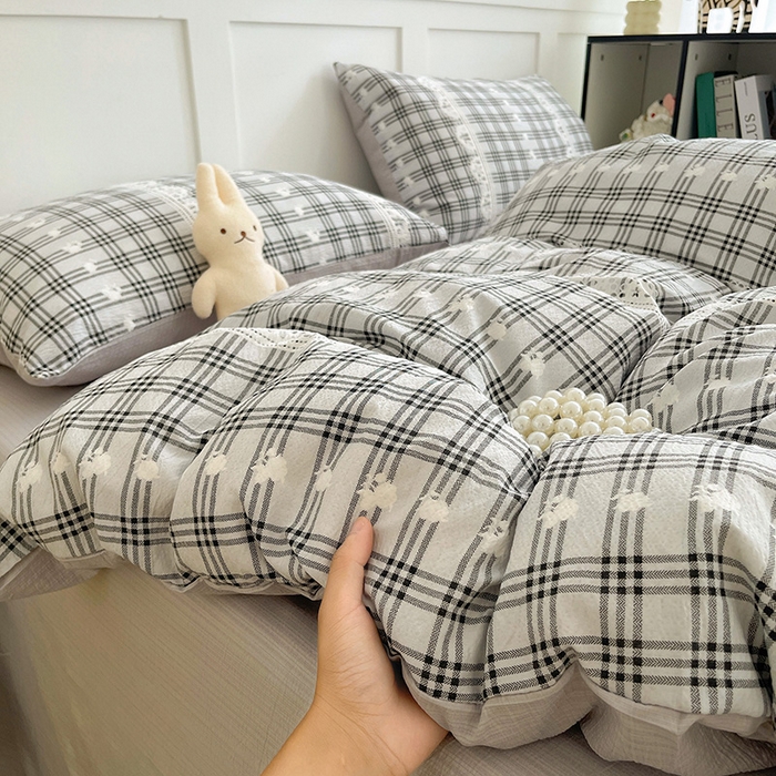 91家纺网 家纺一手货源 找家纺 王朝国际 2025新款爆款云感亚麻有氧双层纱皱皱双层纱四件套 蕾丝灰格