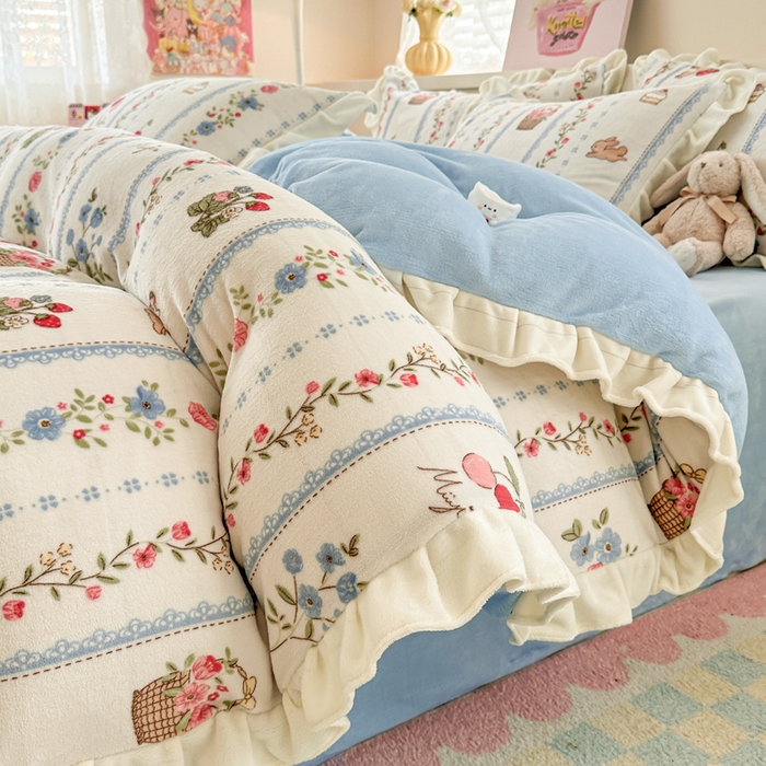 懒猫家纺 2025新款韩版牛奶绒四件套 花园小兔