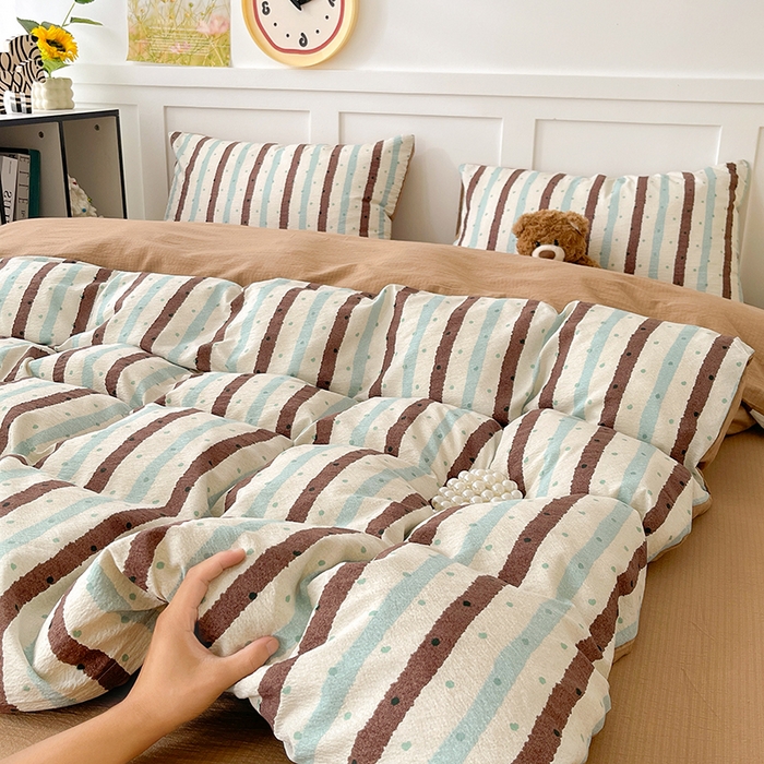 王朝国际 2025新款爆款云感亚麻有氧双层纱皱皱双层纱四件套 棕绿条纹