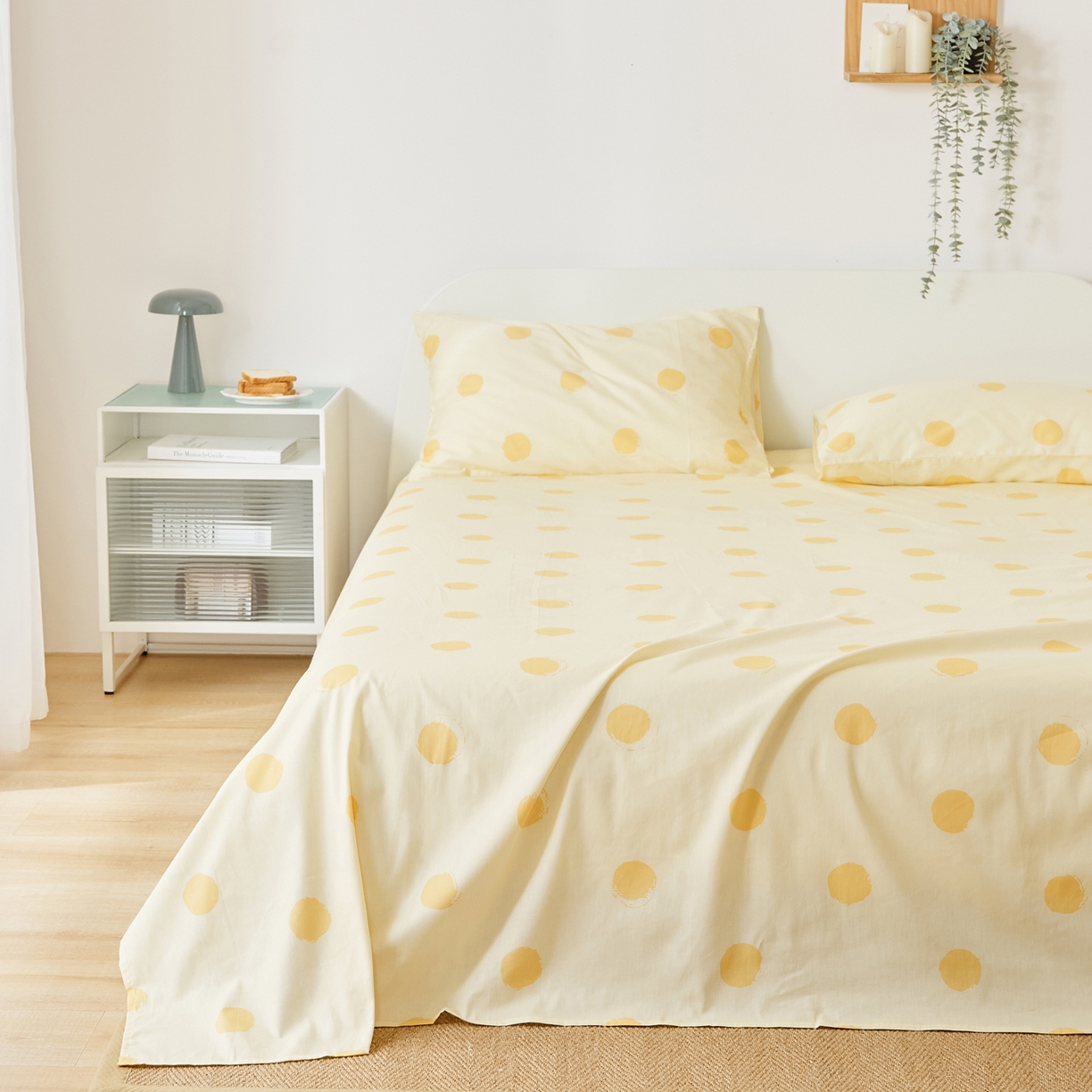 91家纺网 家纺一手货源 找家纺 EH家居 2025新款全棉小清新印花单床单-织光系列 黄色大波点