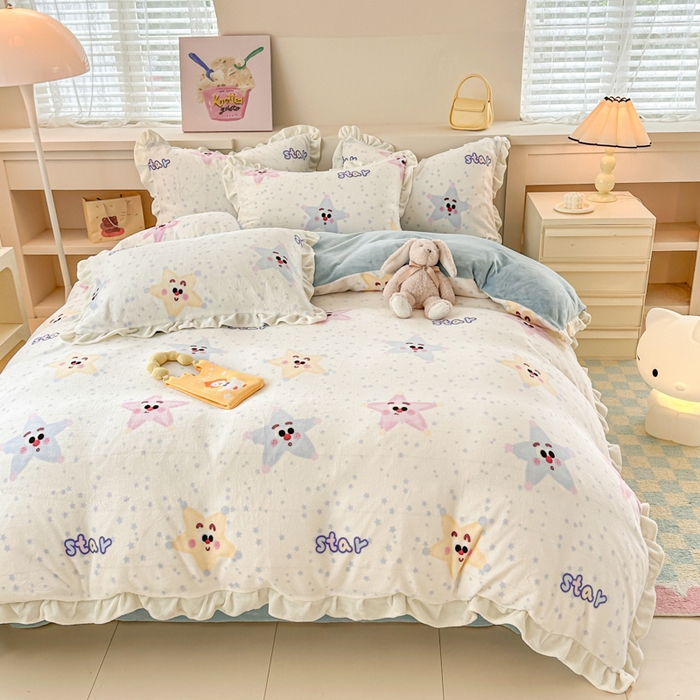 91家纺网 家纺一手货源 找家纺 懒猫家纺 2025新款韩版牛奶绒四件套 多彩繁星