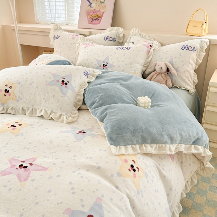 91家纺网 家纺一手货源 找家纺 懒猫家纺 2025新款韩版牛奶绒四件套 多彩繁星