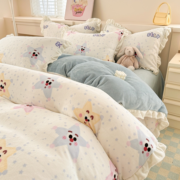 91家纺网 家纺一手货源 找家纺 懒猫家纺 2025新款韩版牛奶绒四件套 多彩繁星