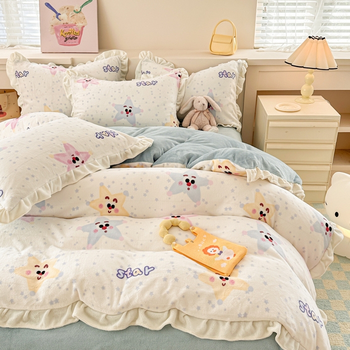 91家纺网 家纺一手货源 找家纺 懒猫家纺 2025新款韩版牛奶绒四件套 多彩繁星