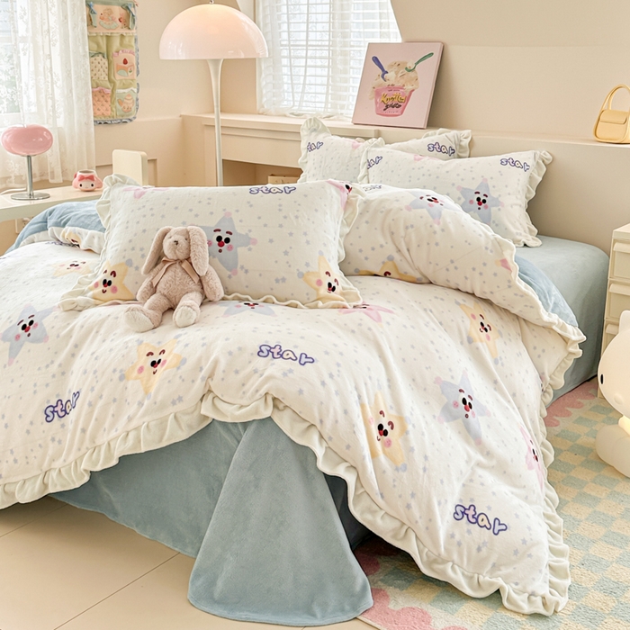 91家纺网 家纺一手货源 找家纺 懒猫家纺 2025新款韩版牛奶绒四件套 多彩繁星