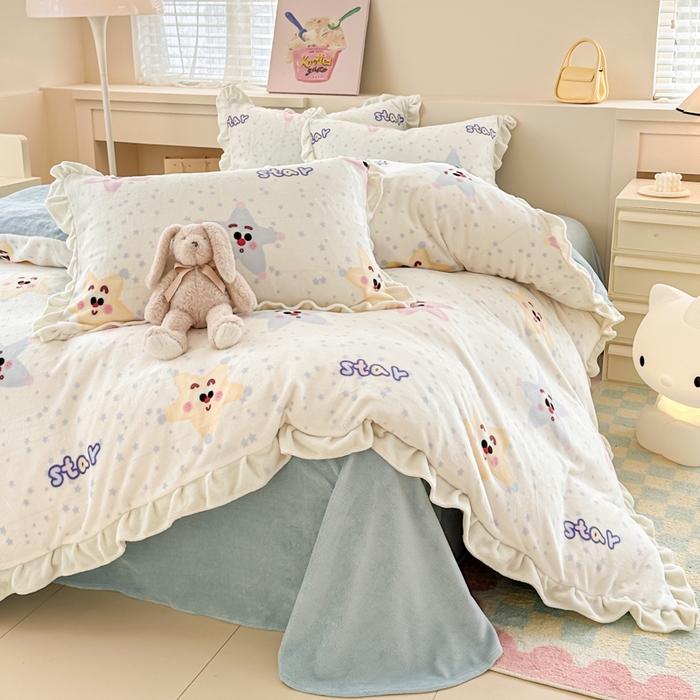 91家纺网 家纺一手货源 找家纺 懒猫家纺 2025新款韩版牛奶绒四件套 多彩繁星