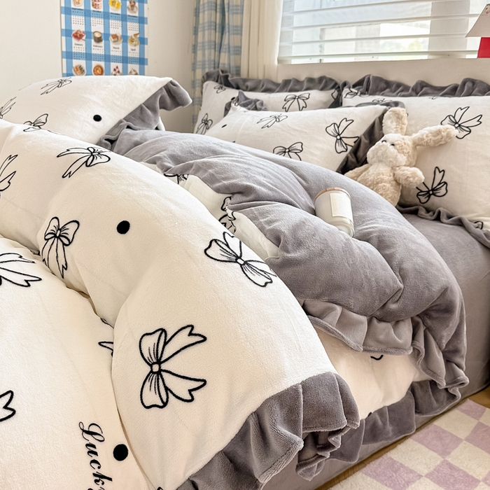 懒猫家纺 2025新款韩版牛奶绒四件套 蝴蝶结