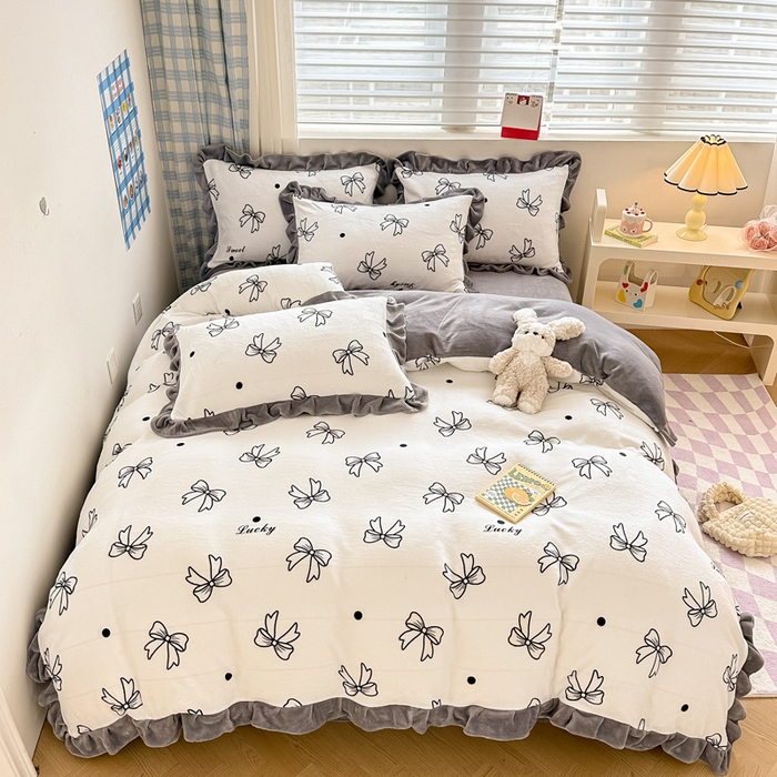 91家纺网 家纺一手货源 找家纺 懒猫家纺 2025新款韩版牛奶绒四件套 蝴蝶结