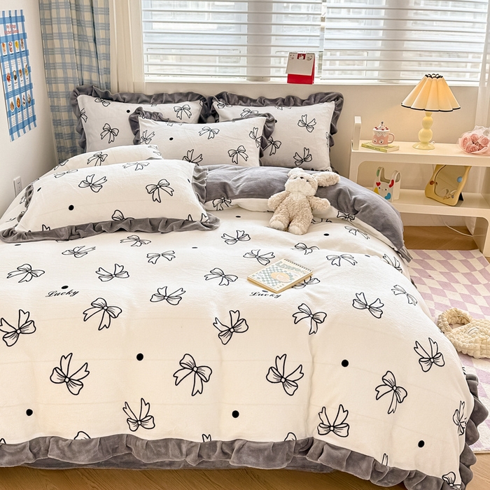 91家纺网 家纺一手货源 找家纺 懒猫家纺 2025新款韩版牛奶绒四件套 蝴蝶结