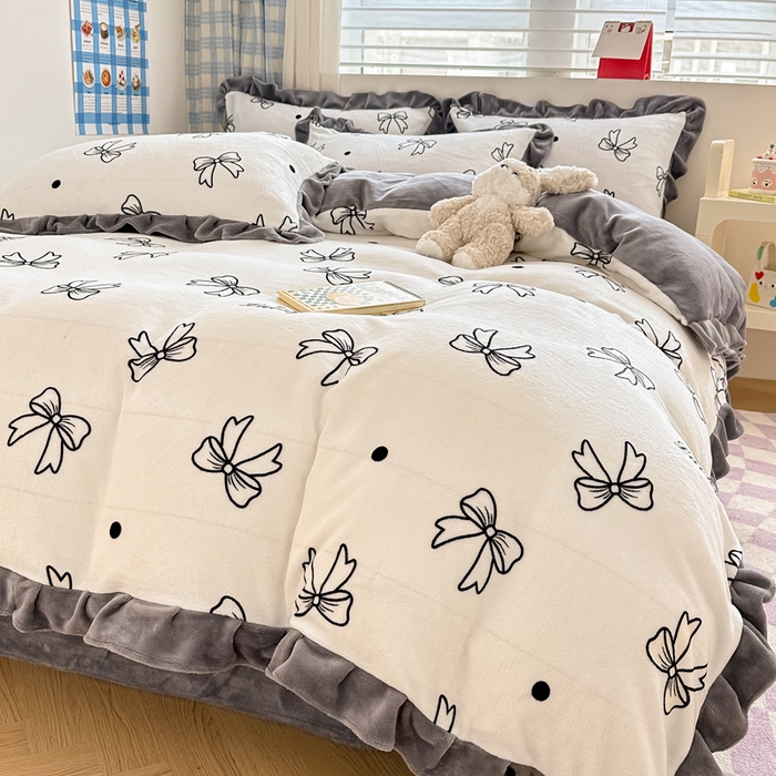 91家纺网 家纺一手货源 找家纺 懒猫家纺 2025新款韩版牛奶绒四件套 蝴蝶结