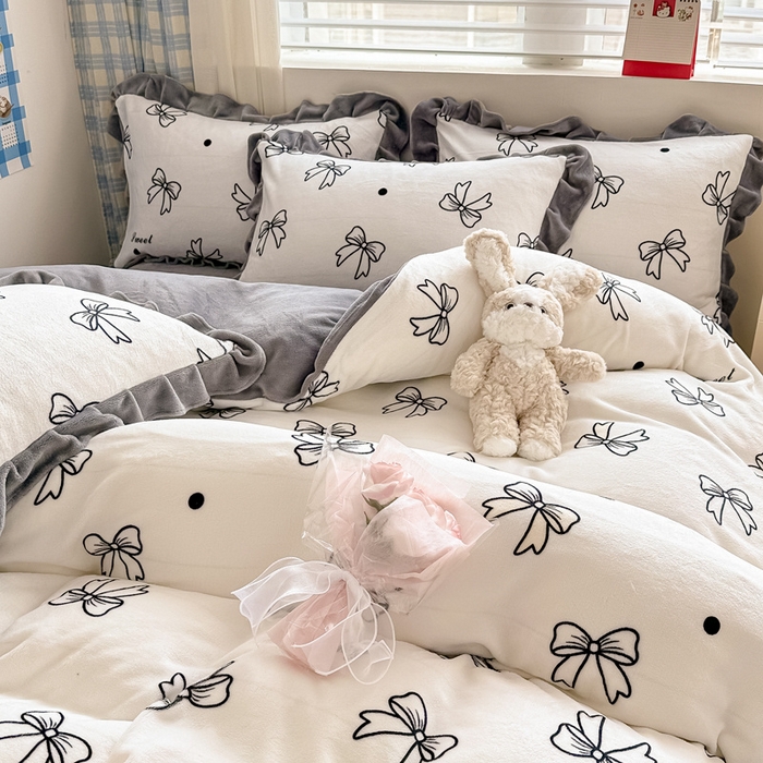 91家纺网 家纺一手货源 找家纺 懒猫家纺 2025新款韩版牛奶绒四件套 蝴蝶结